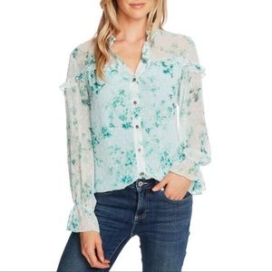 CeCe Nordstroms Aqua Blue Floral Print Top XL w clip dots and ruffles